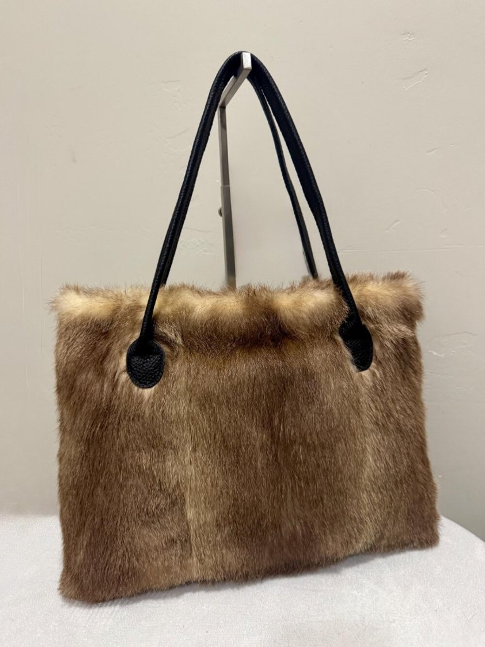 Natural Coyote Fur Handmade Large Tote Bag, Leather Handles, Crossbody